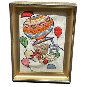 VTG Needlepoint Crewel Whimsical Colorful Hot Air Balloon 2 Bears Framed Kitchy